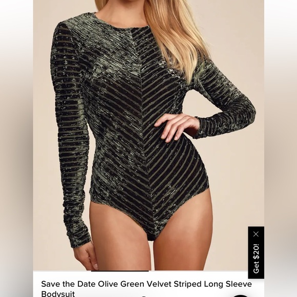 Lulu's Olive Green velvet Long Sleeve Bodysuit size medium - Picture 2 of 6